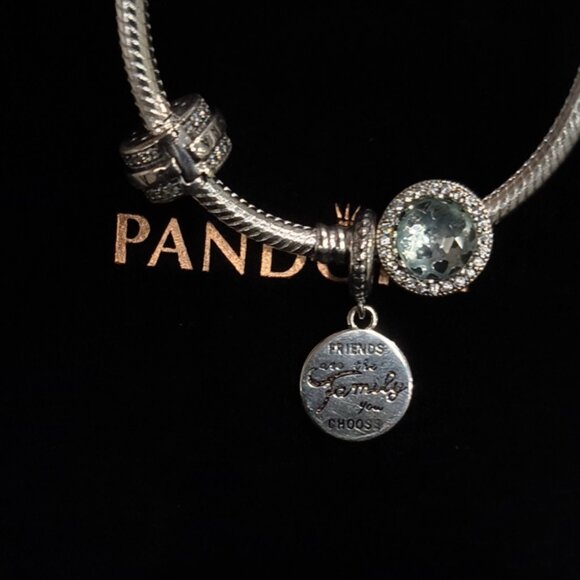 Pandora Silver Charm Bracelet | Family Love & Sparkling Blue Charm | Authentic - Picture 2 of 4